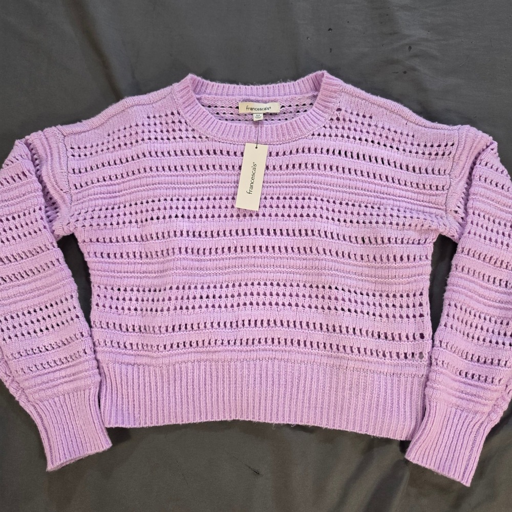 Francesca's Lavender Pointelle Open Knit Cropped Crewneck Sweater NWT Medium